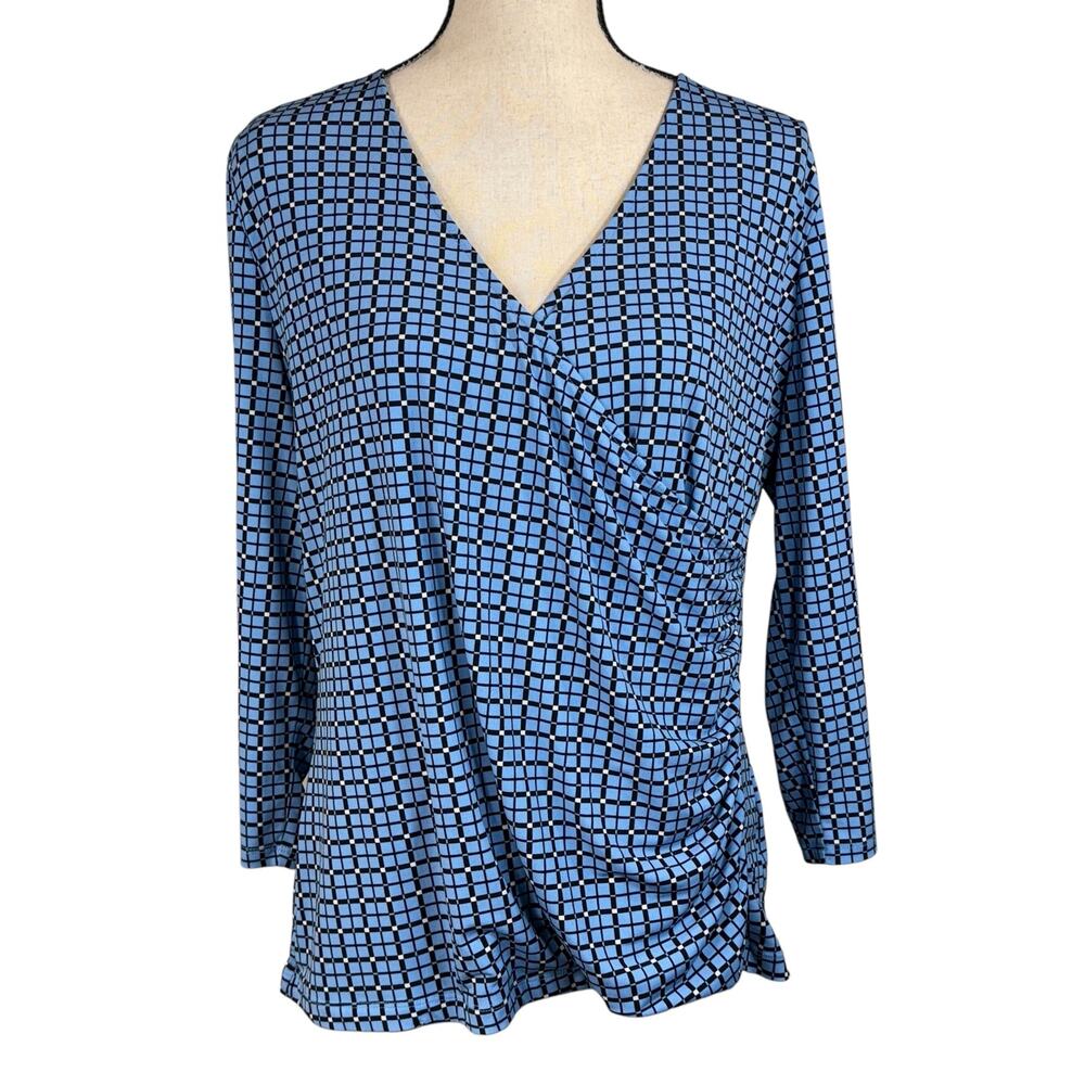 Liz Claiborne X-Large Top Geometric Stretch Surplice V-Neck Ruched 3/4 Sleeves